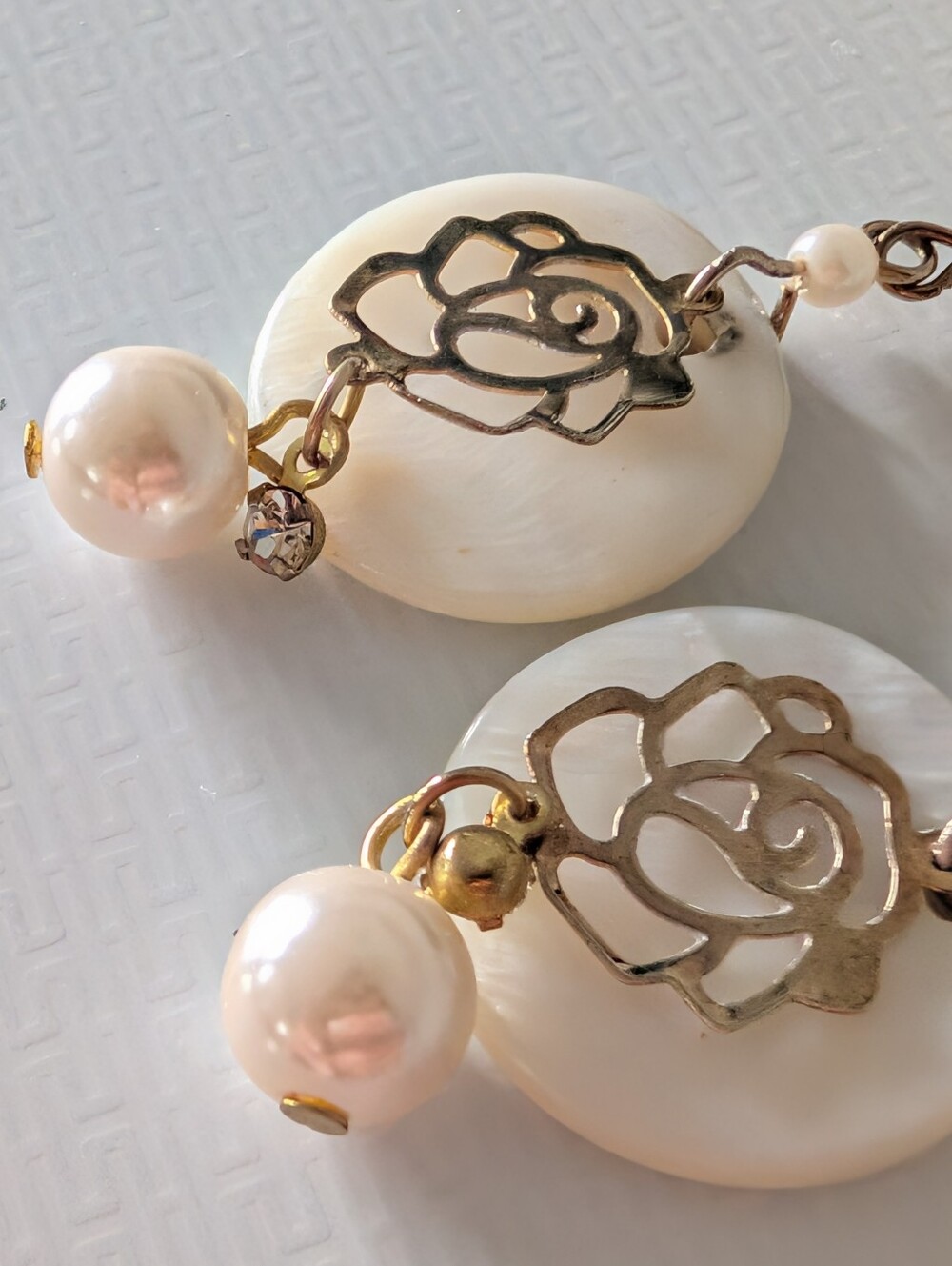 Mother of Pearl & Faux Pearl Rose Dangle Earrings - Picture 4 of 6
